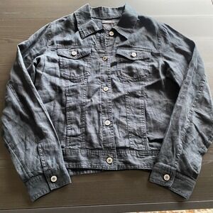 Jones New York 100% Linen Trucker Jacket Large Black European Flax Vintage